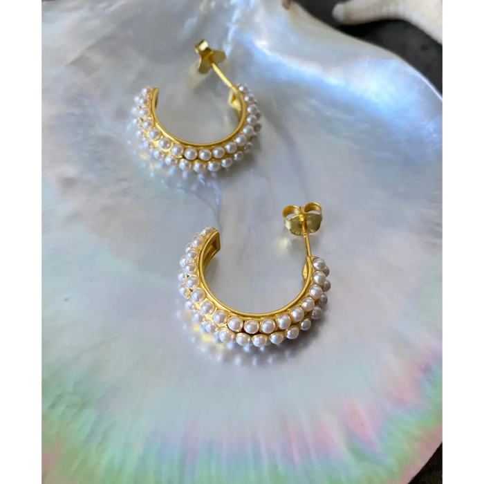 Mini pearl half hoop earrings gold plated silver