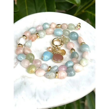 Morganite and aquamarine necklace with gemstones charms