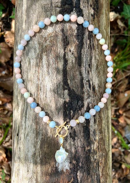 Morganite And Aquamarine Toggle Necklace With Baroque Pearl