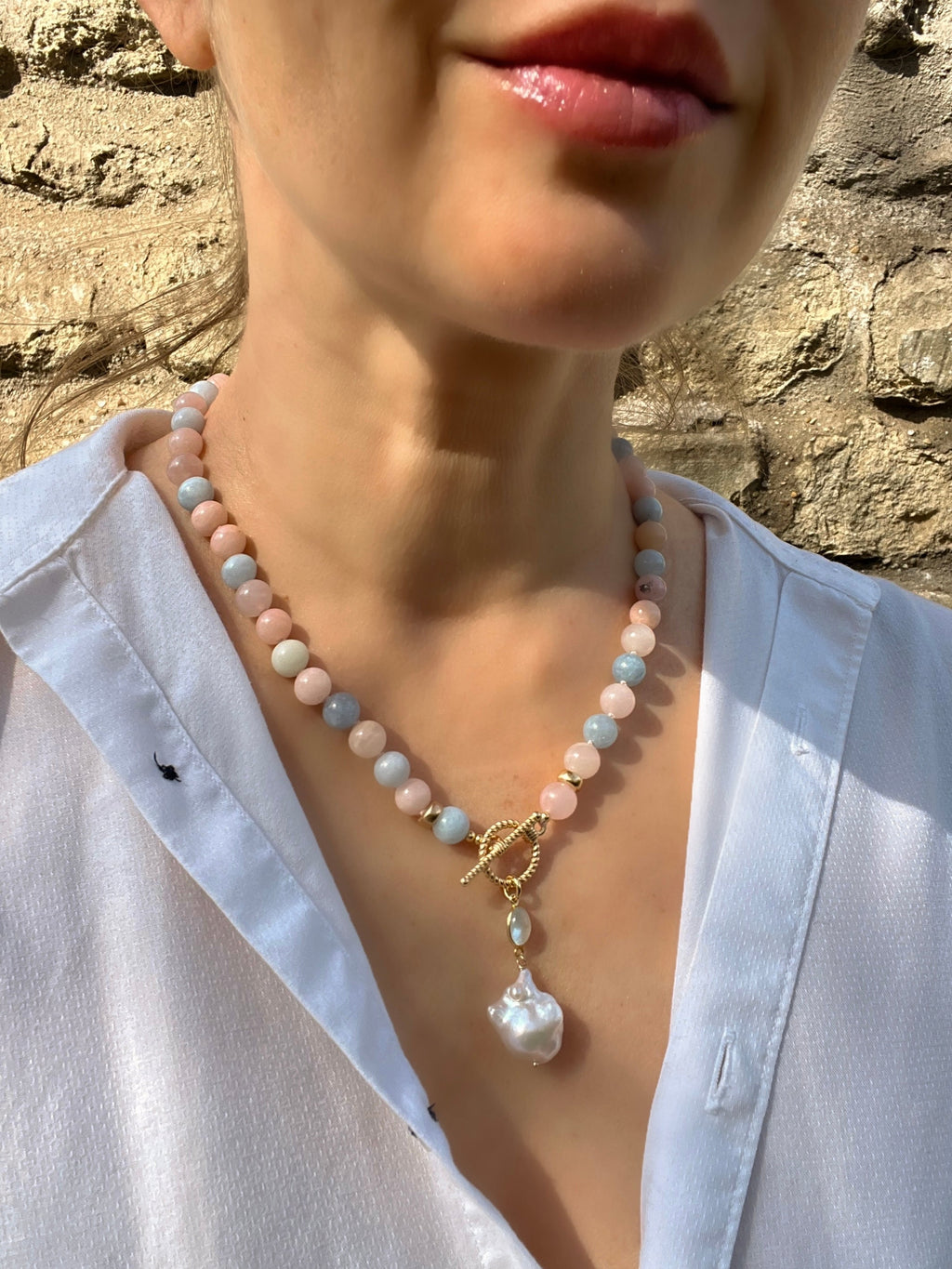 Morganite And Aquamarine Toggle Necklace With Baroque Pearl