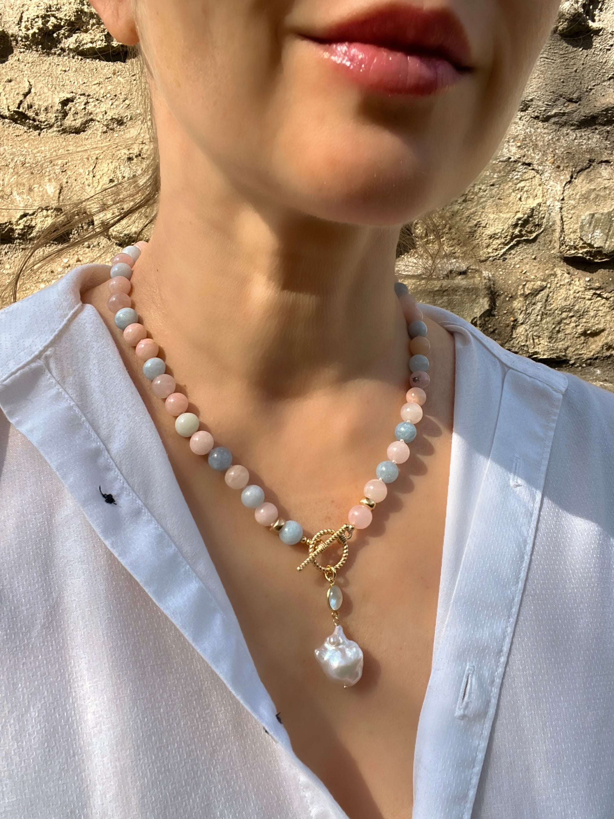 Morganite And Aquamarine Toggle Necklace With Baroque Pearl
