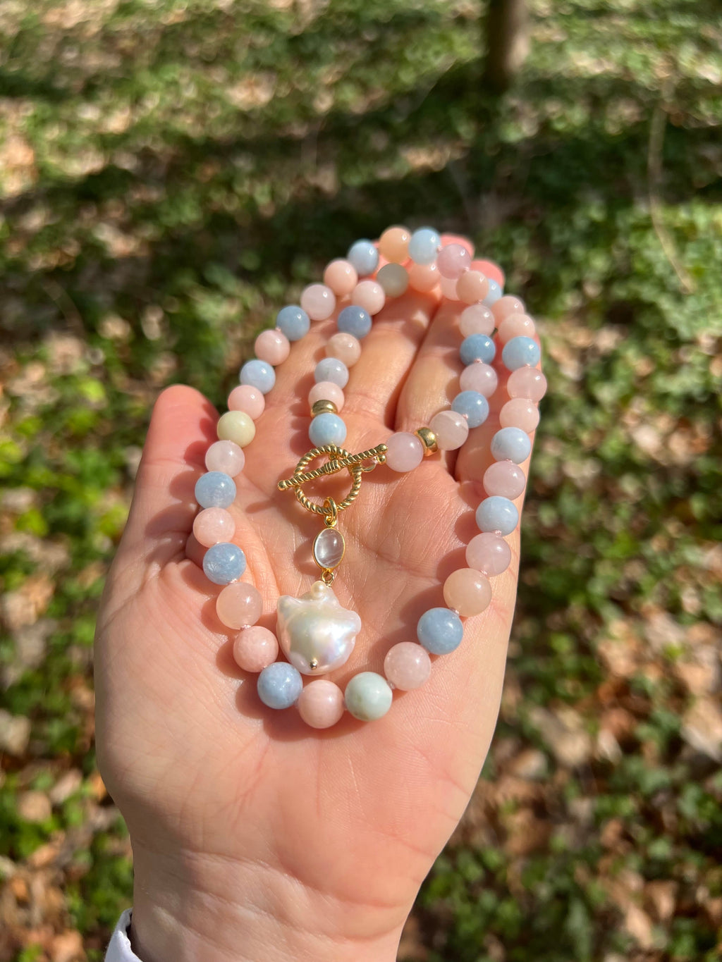 Morganite And Aquamarine Toggle Necklace With Baroque Pearl
