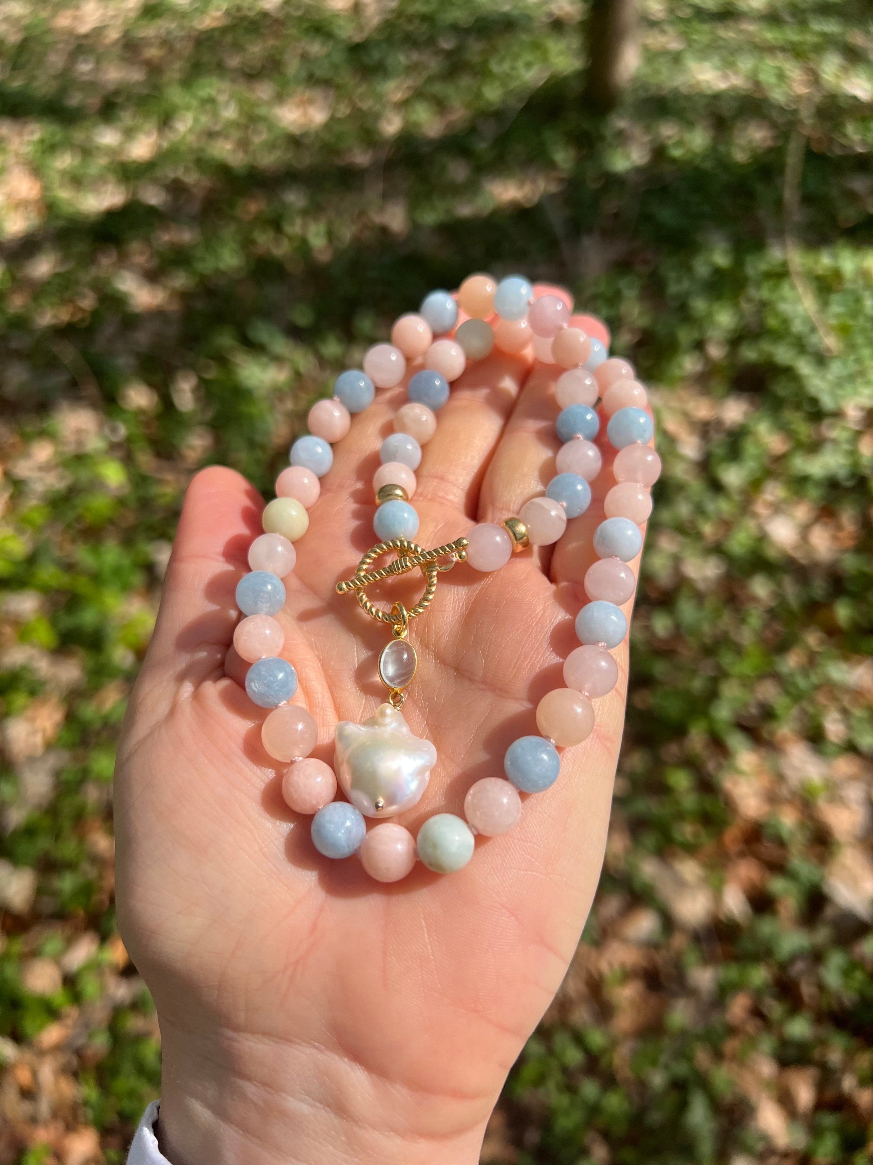 Morganite And Aquamarine Toggle Necklace With Baroque Pearl