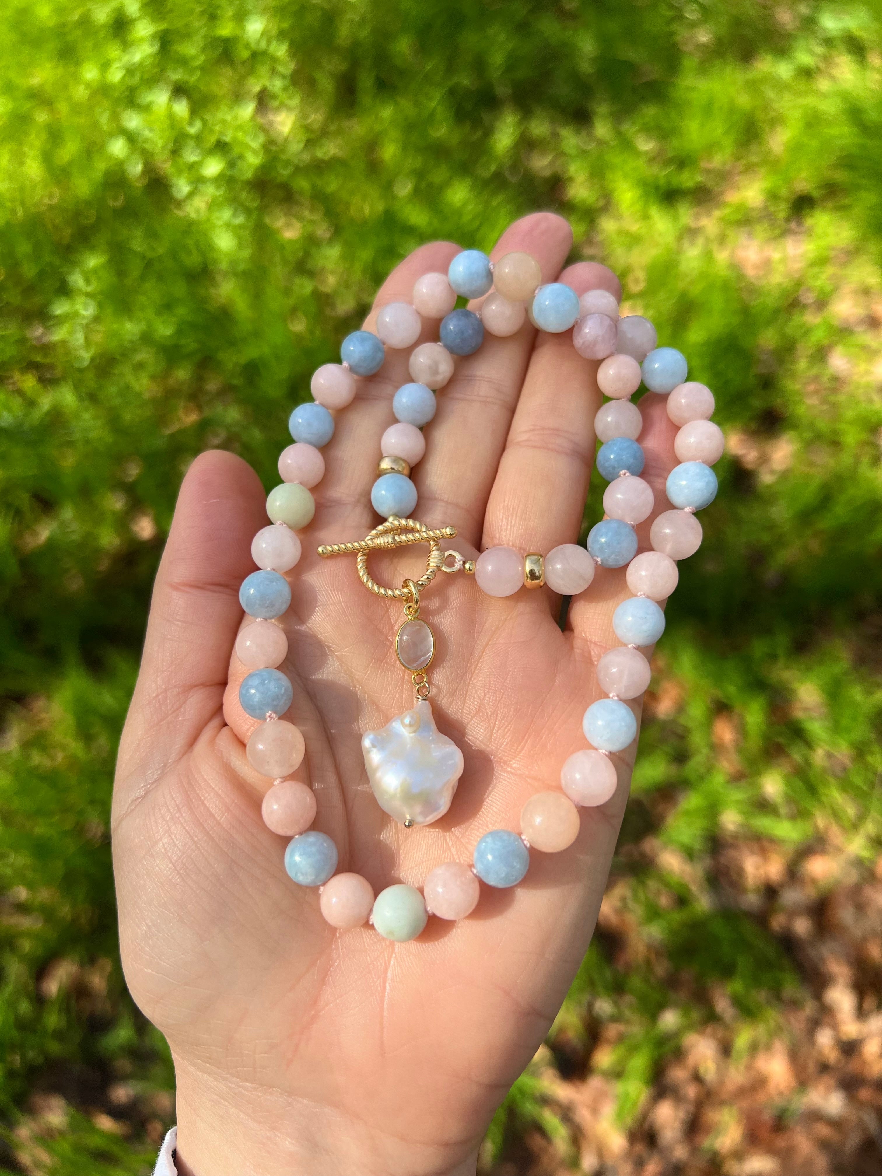 Morganite And Aquamarine Toggle Necklace With Baroque Pearl