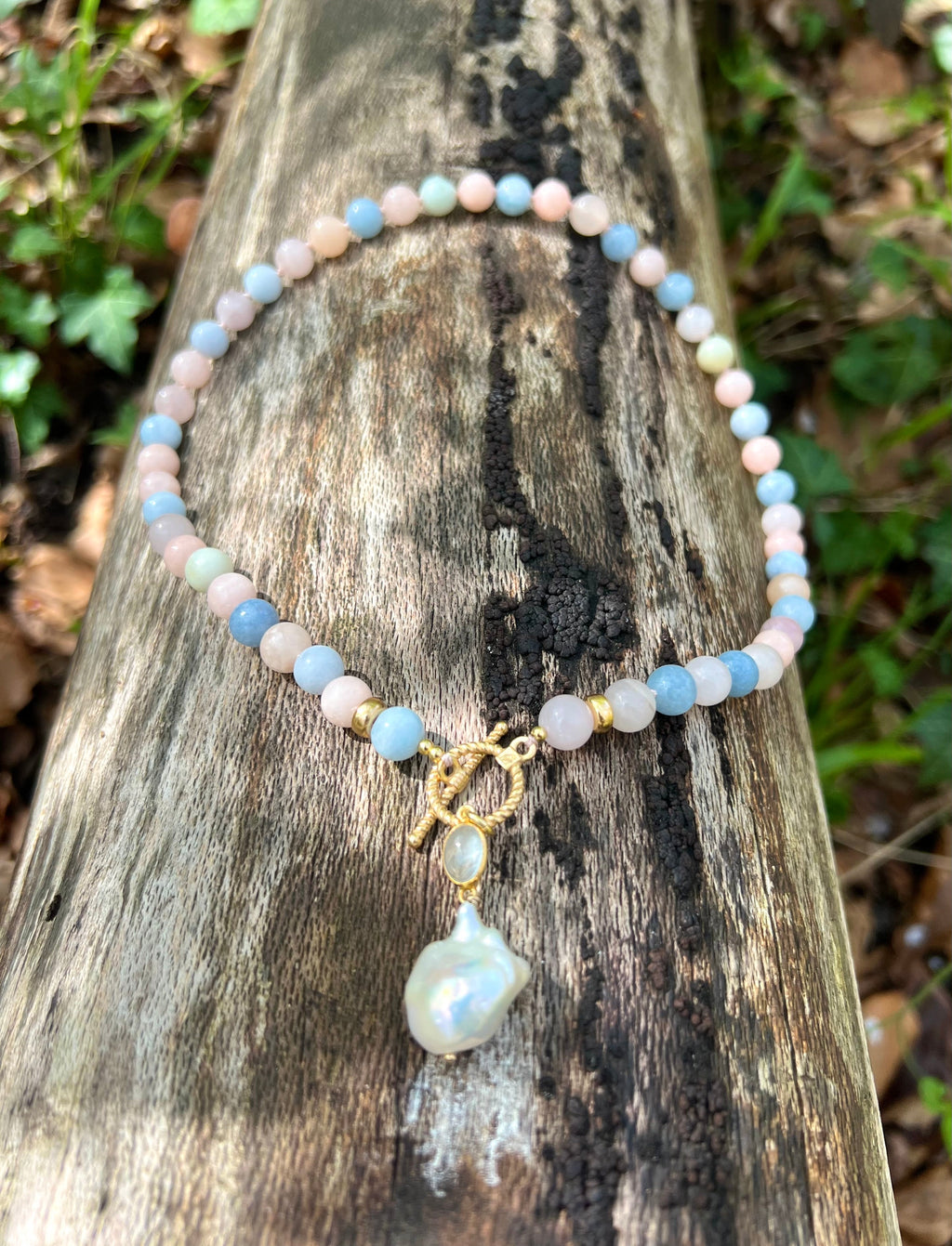 Morganite And Aquamarine Toggle Necklace With Baroque Pearl