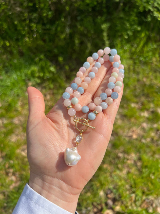 Morganite And Aquamarine Toggle Necklace With Baroque Pearl
