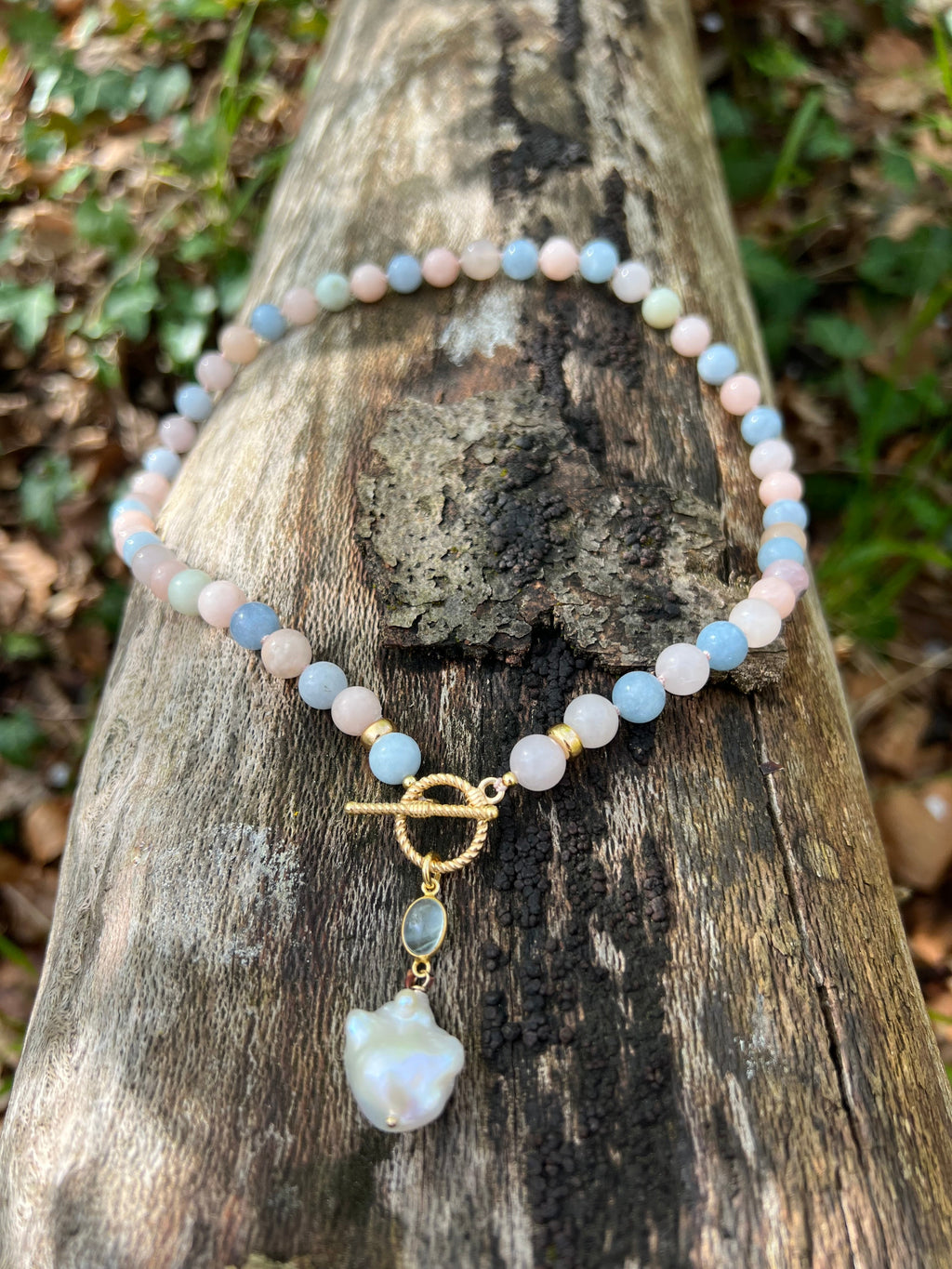 Morganite And Aquamarine Toggle Necklace With Baroque Pearl