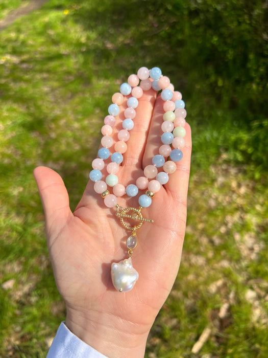 Morganite And Aquamarine Toggle Necklace With Baroque Pearl