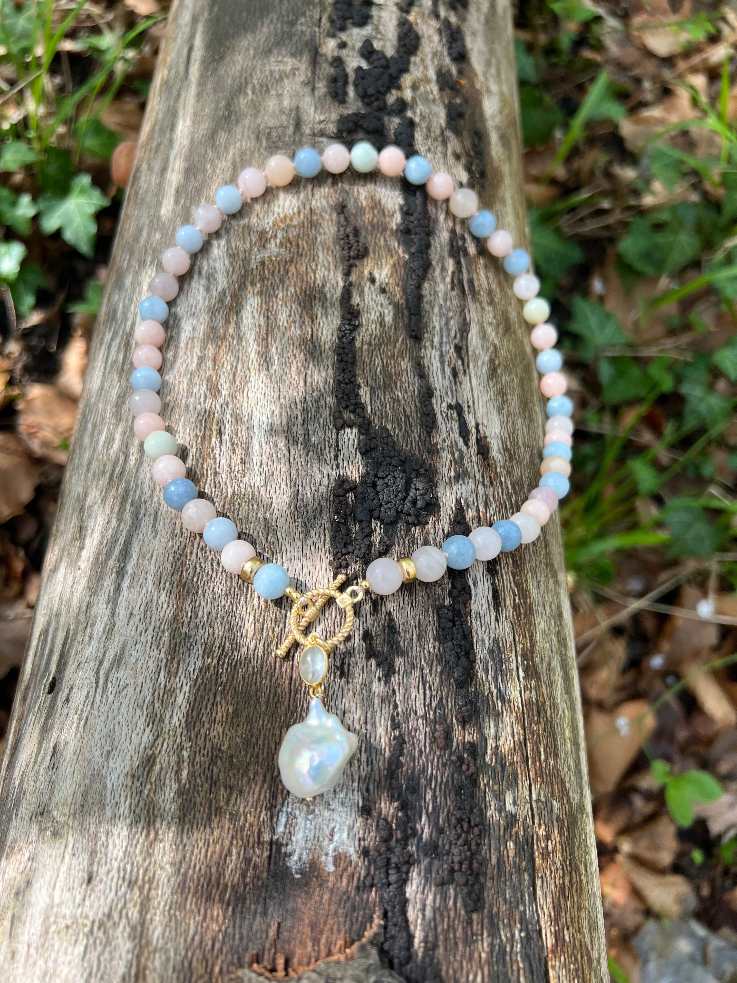 Morganite And Aquamarine Toggle Necklace With Baroque Pearl