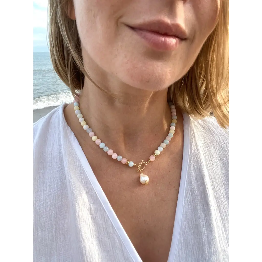 Morganite and kasumi pearl beaded necklace summer jewelry