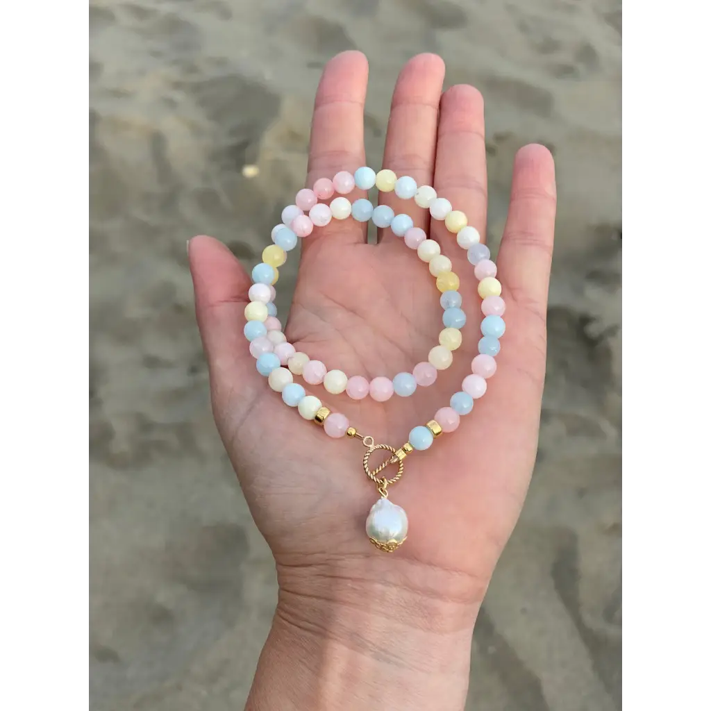 Morganite and kasumi pearl beaded necklace summer jewelry