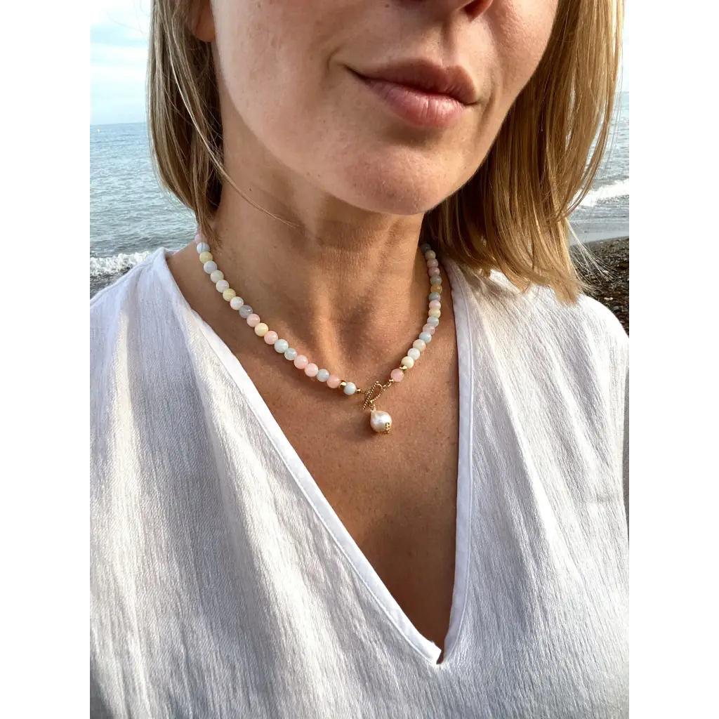 Morganite and kasumi pearl beaded necklace summer jewelry