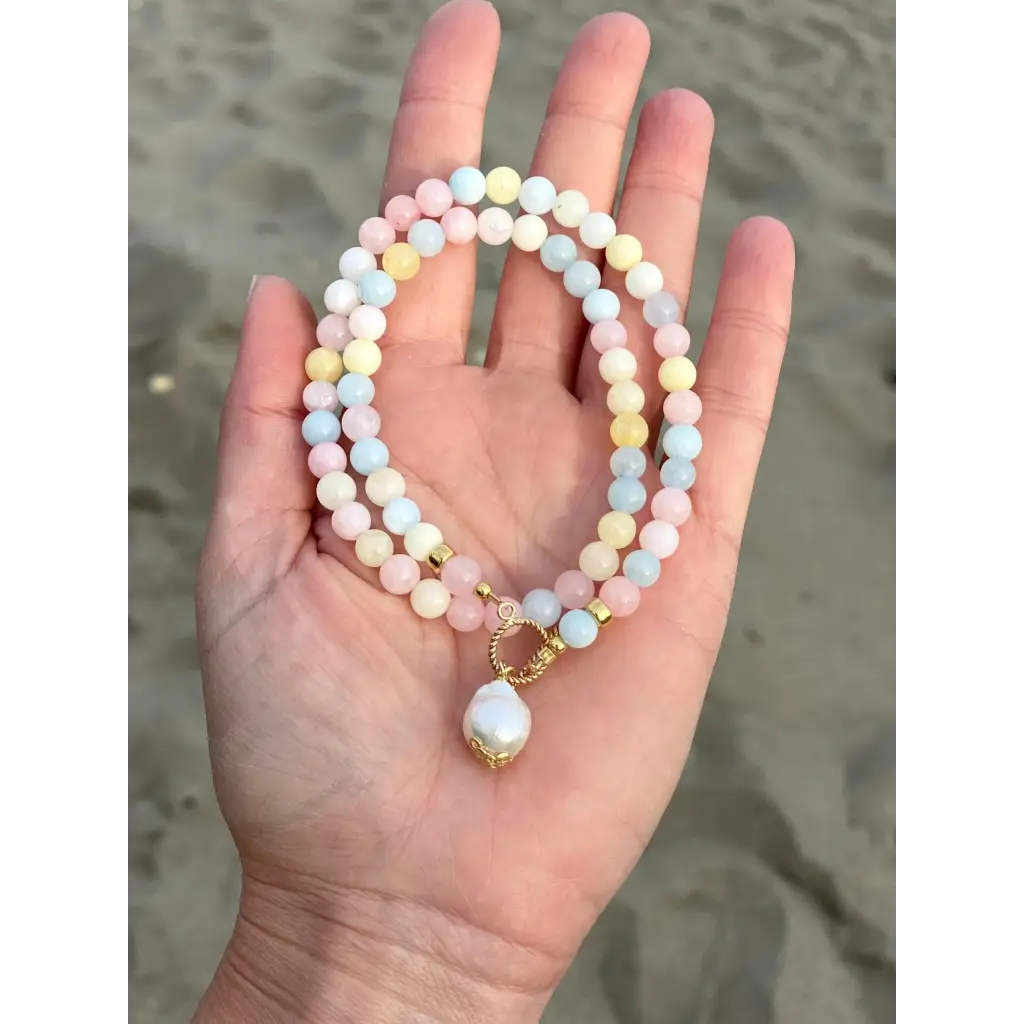 Morganite and kasumi pearl beaded necklace summer jewelry