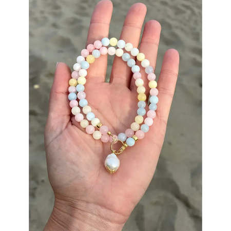 Morganite and kasumi pearl beaded necklace summer jewelry