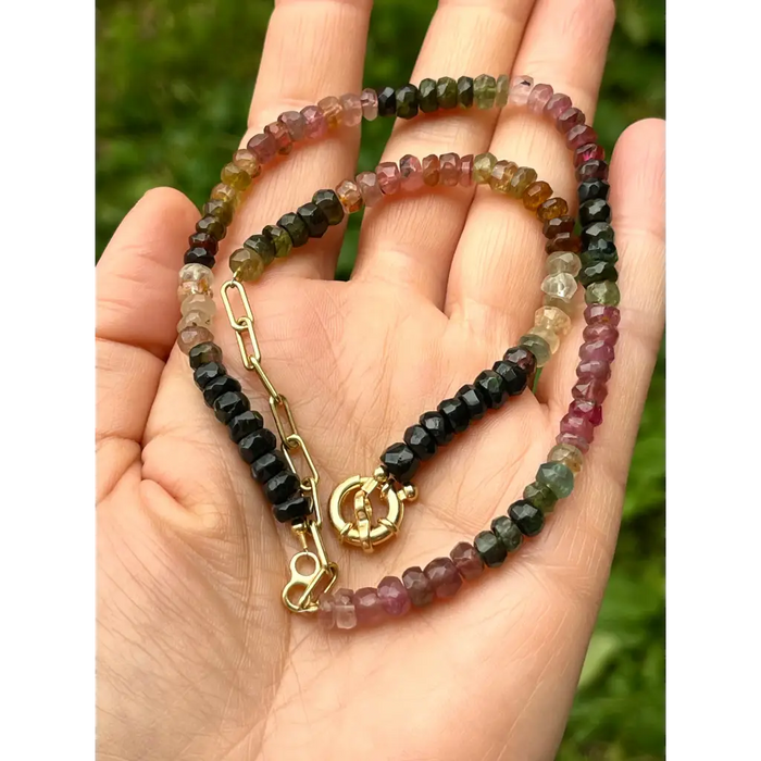 Multi tourmaline faceted rondelle beaded necklace