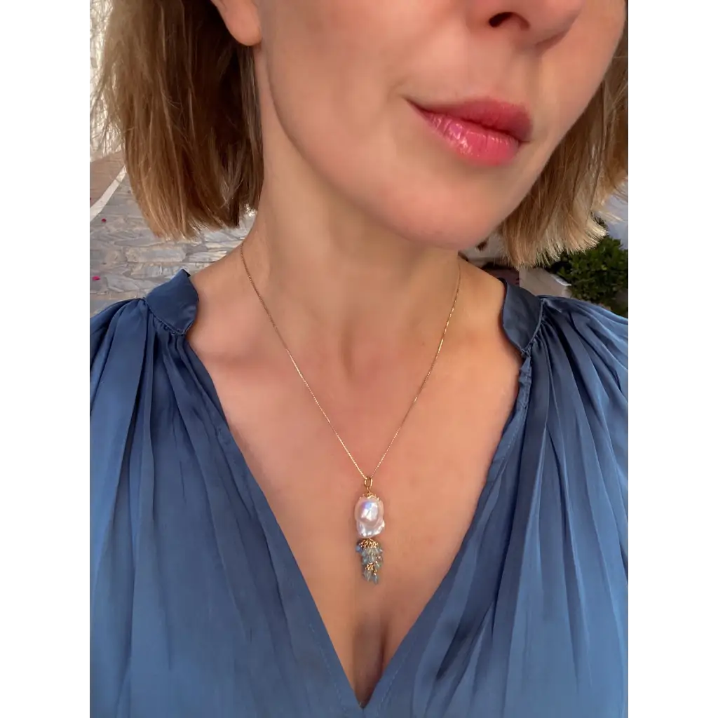 Natural baroque pearl and aquamarines pendant on gold plated