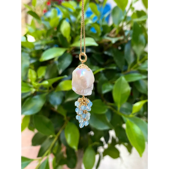 Natural baroque pearl and aquamarines pendant on gold plated