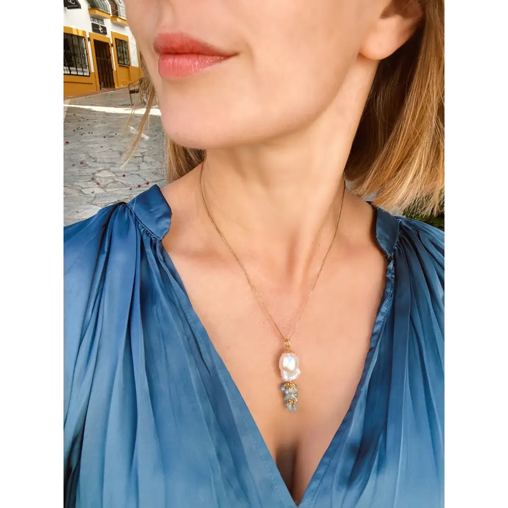 Natural baroque pearl and aquamarines pendant on gold plated