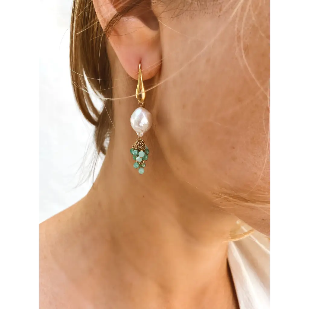 Natural kasumi pearls and emeralds cascade earrings gold