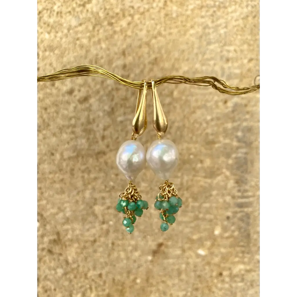 Natural kasumi pearls and emeralds cascade earrings gold
