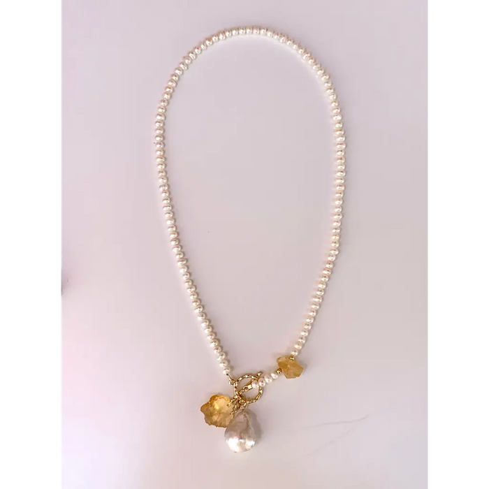 Natural pearl and raw citrine necklace with baroque pearl