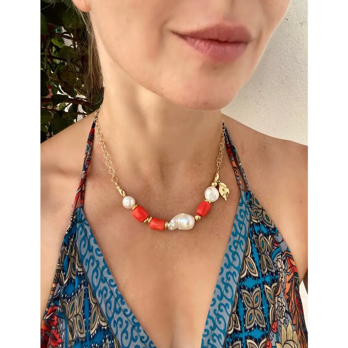Orange coral and pearl statement necklace gold plated silver