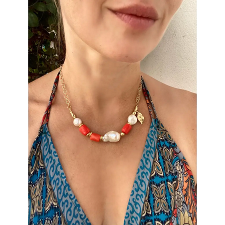 Orange coral and pearl statement necklace gold plated silver