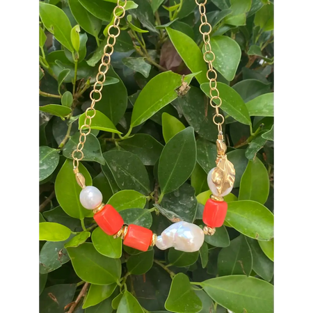 Orange coral and pearl statement necklace gold plated silver