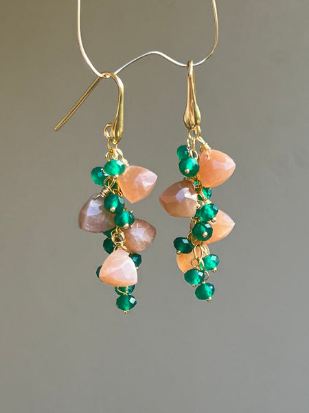 Peach Moonstone And Green Agate Earrings Dangle & Drop