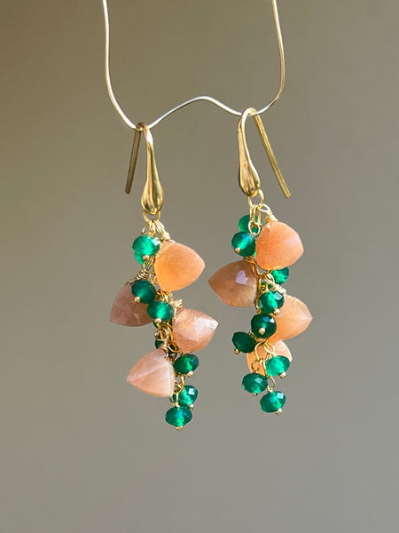 Peach Moonstone And Green Agate Earrings Dangle & Drop