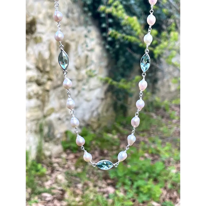 Pearl and aquamarine quartz wire wrapped necklace pearl