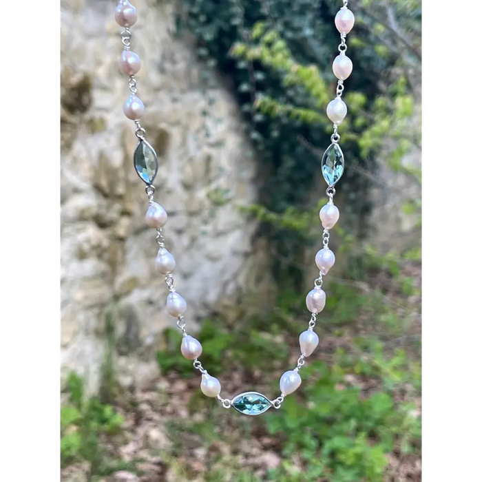 Pearl and aquamarine quartz wire wrapped necklace pearl