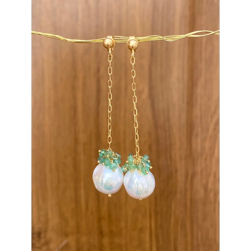 Pearl and emerald long drop earrings