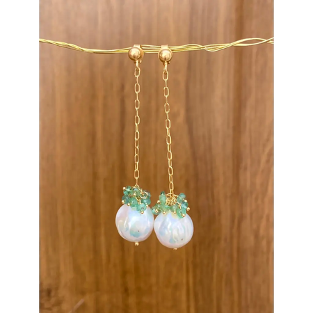 Pearl and emerald long drop earrings