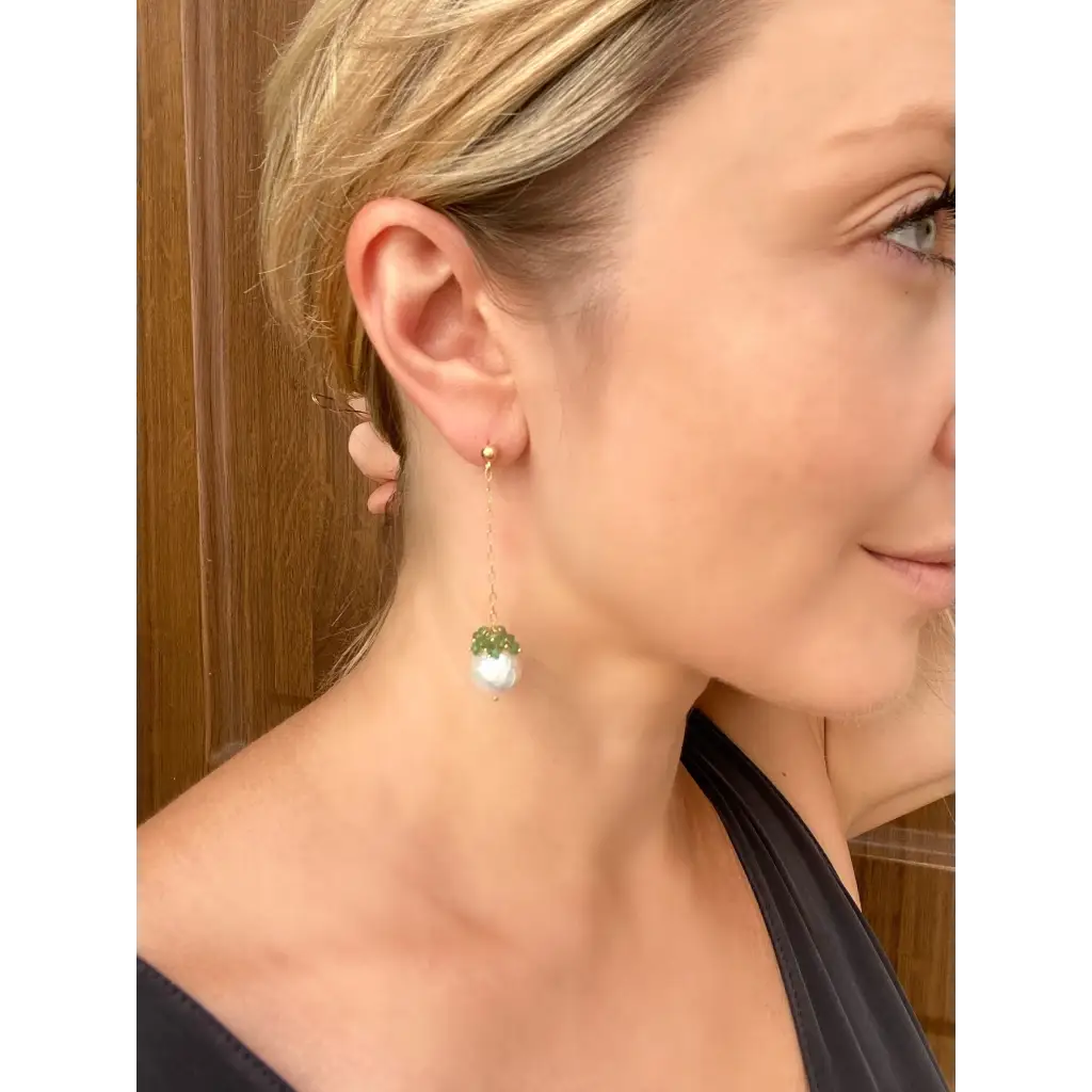 Pearl and emerald long drop earrings