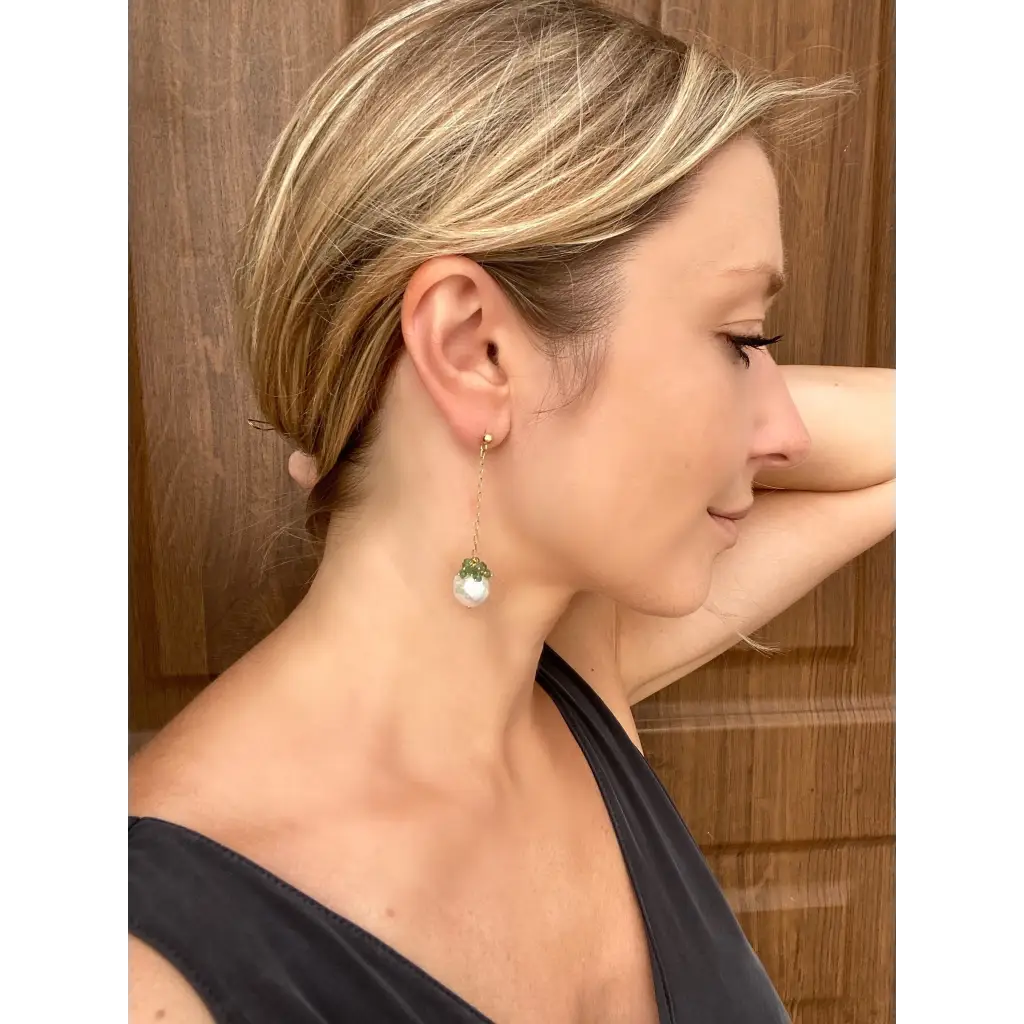 Pearl and emerald long drop earrings
