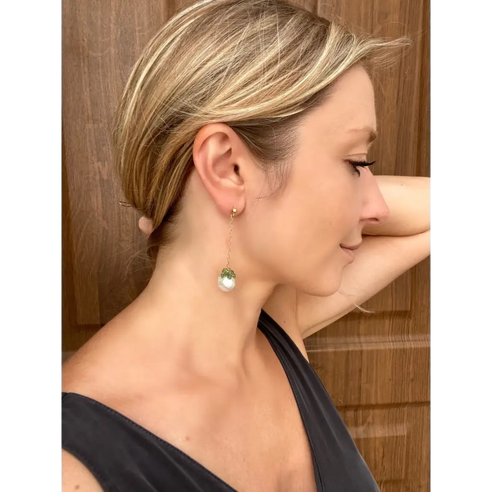 Pearl and emerald long drop earrings