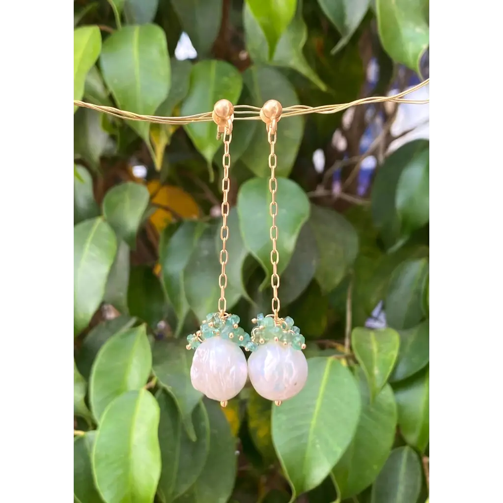 Pearl and emerald long drop earrings