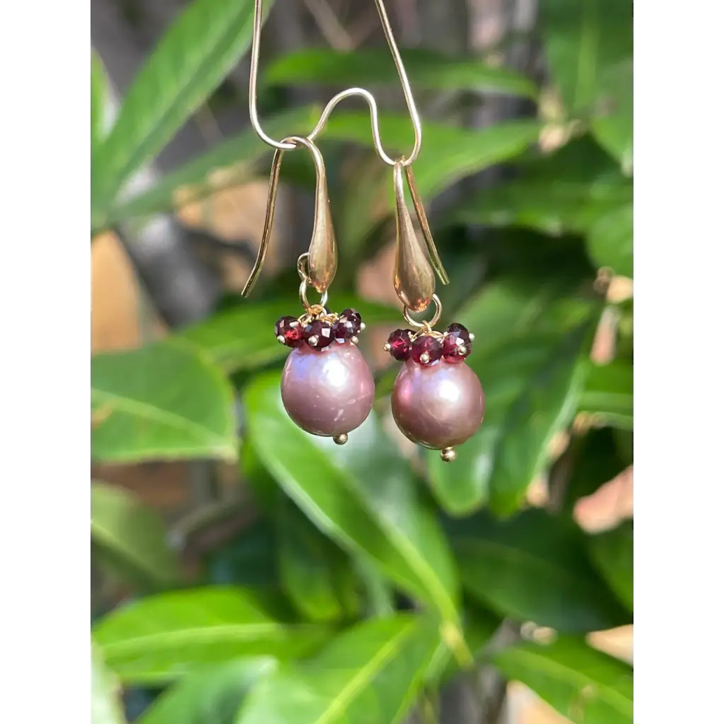 Pearl and garnet drop earrings Tierra gemstone cluster