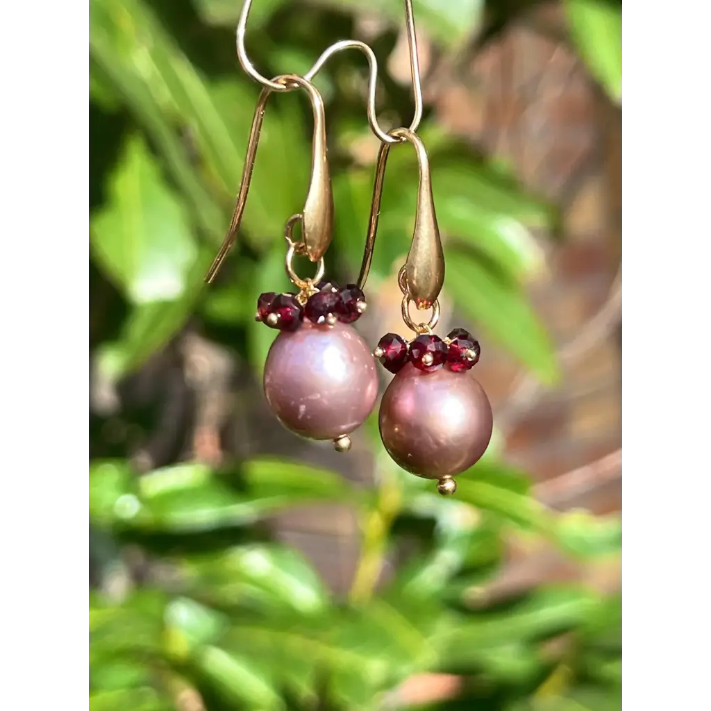 Pearl and garnet drop earrings Tierra gemstone cluster