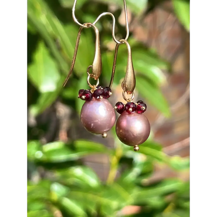 Pearl and garnet drop earrings Tierra gemstone cluster