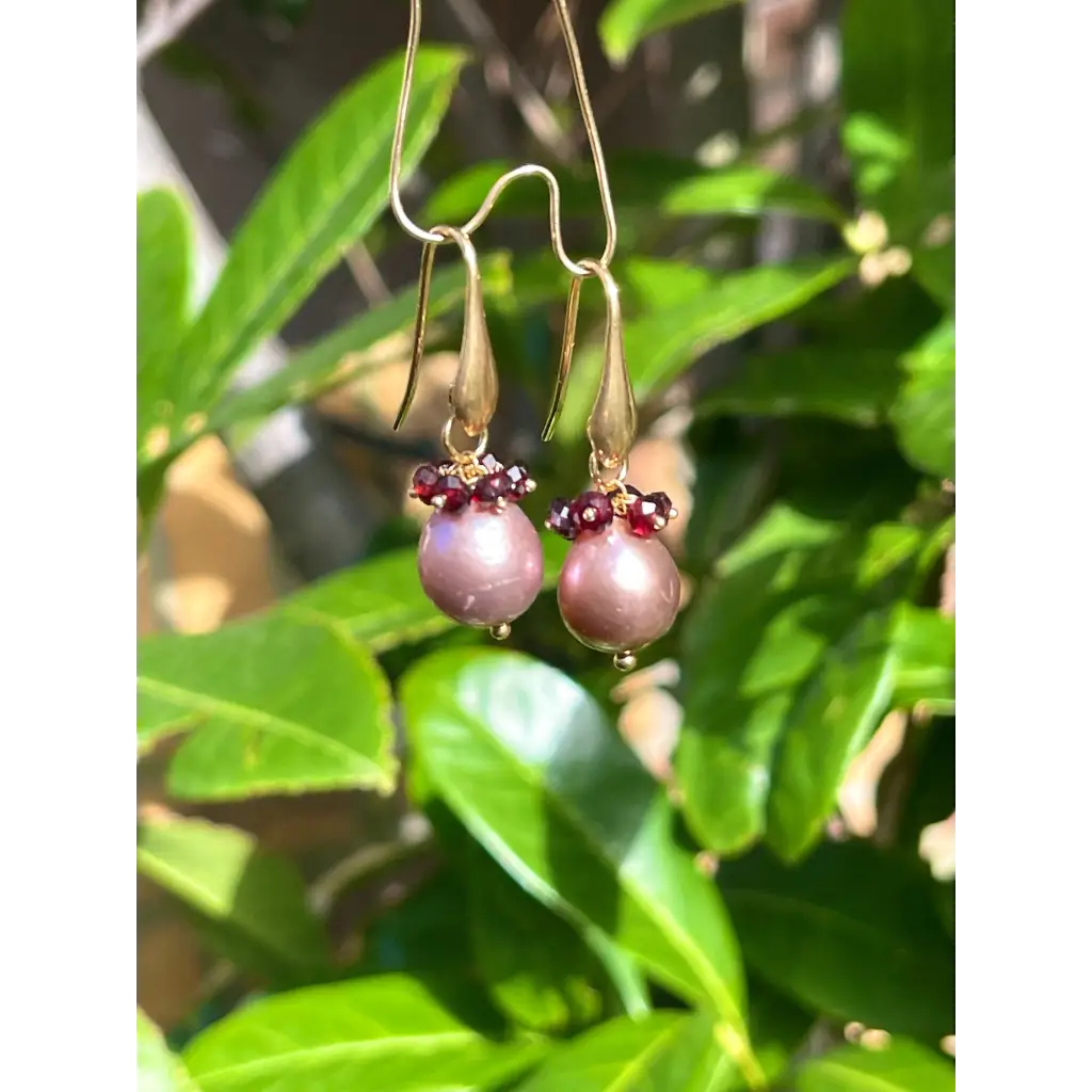 Pearl and garnet drop earrings Tierra gemstone cluster