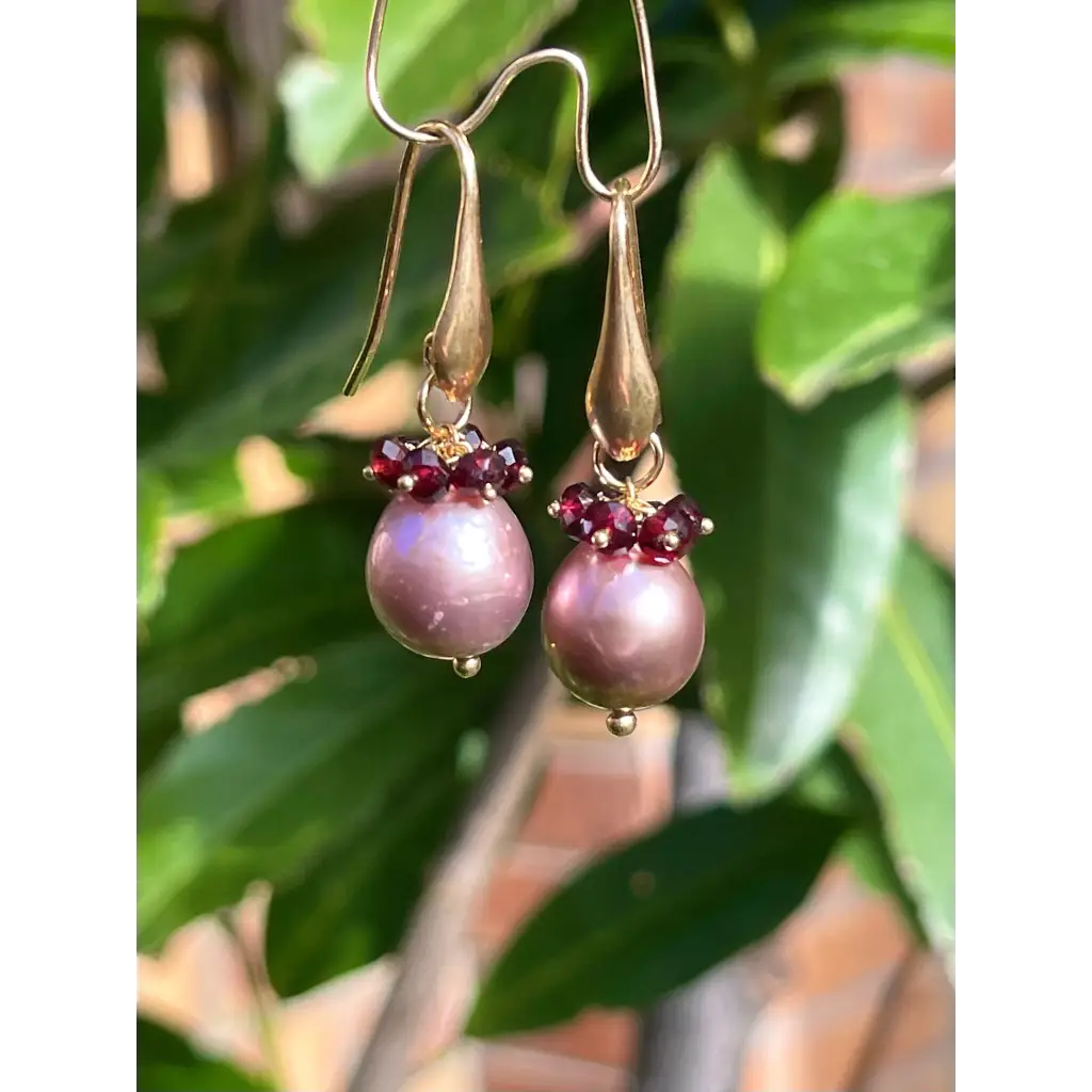 Pearl and garnet drop earrings Tierra gemstone cluster