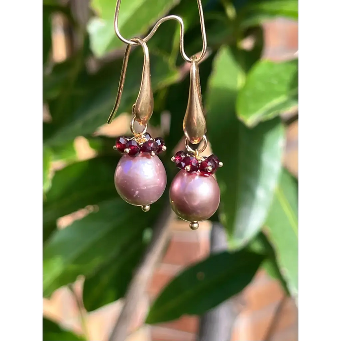 Pearl and garnet drop earrings Tierra gemstone cluster