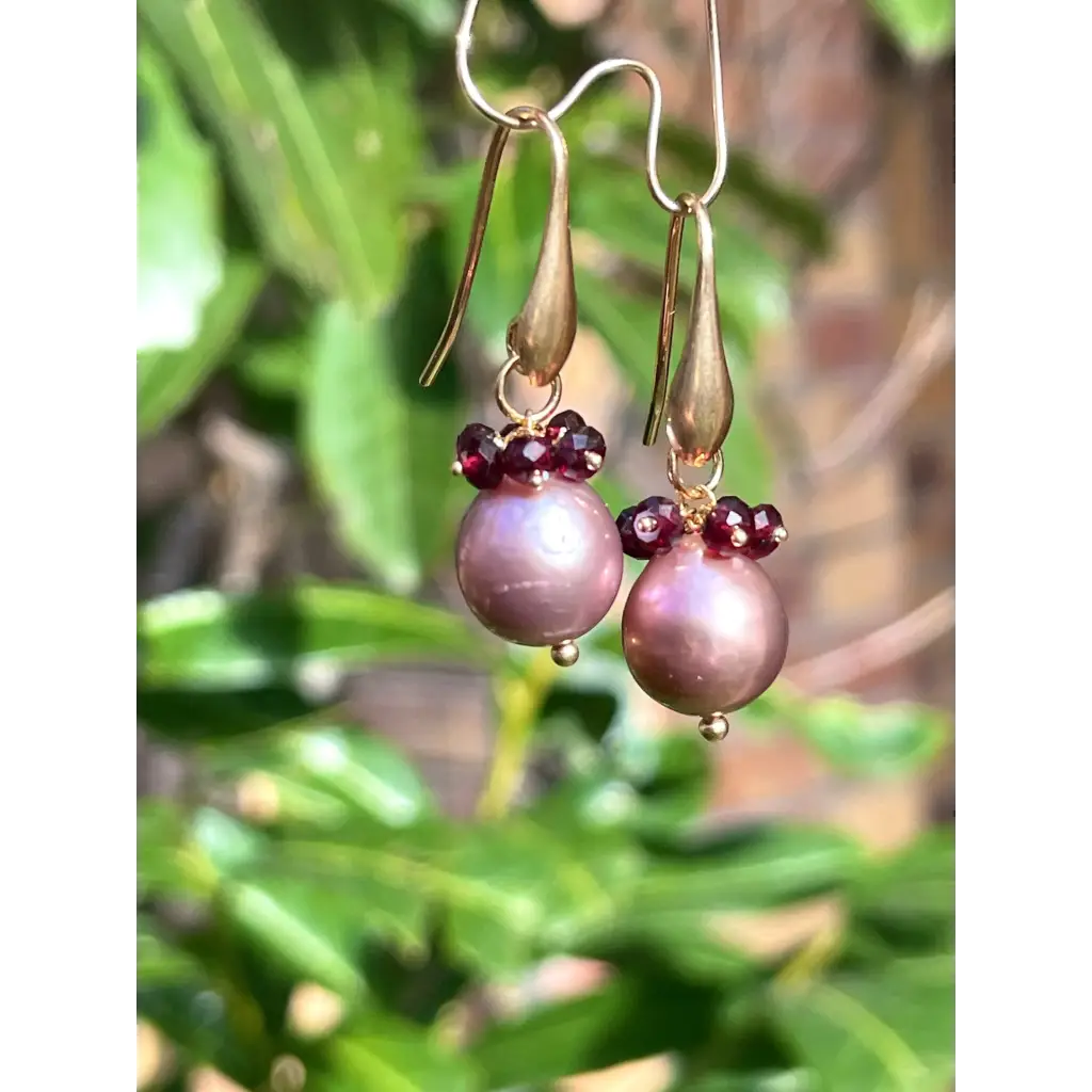 Pearl and garnet drop earrings Tierra gemstone cluster