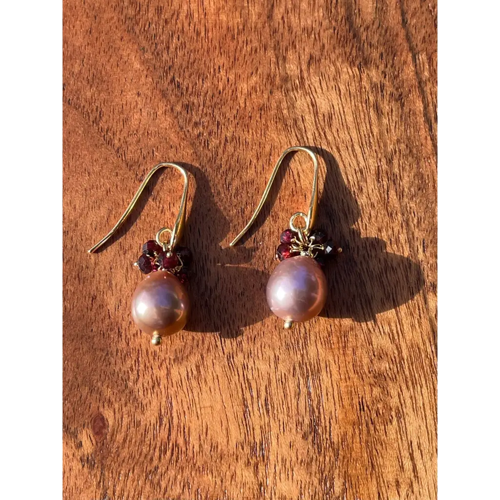 Pearl and garnet drop earrings Tierra gemstone cluster