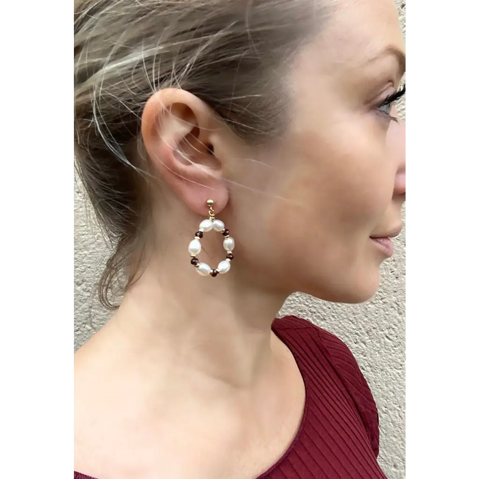 Pearl and garnet hoop earrings gold plated silver