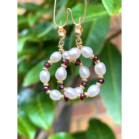 Pearl and garnet hoop earrings gold plated silver