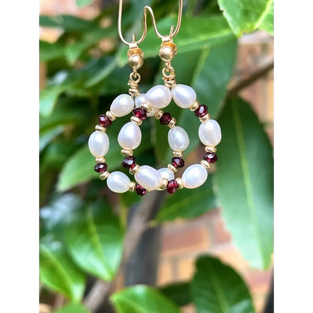 Pearl and garnet hoop earrings gold plated silver