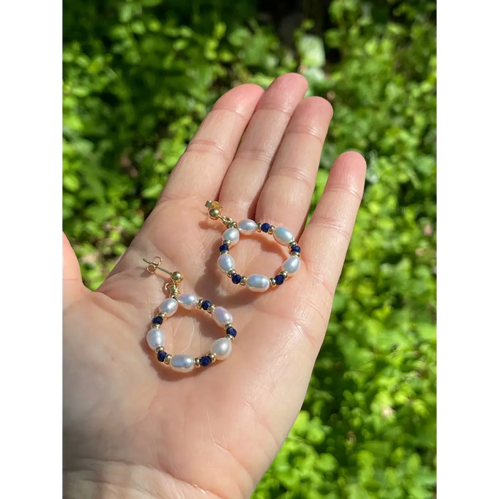 Pearl and sodalite hoop earrings pearl hoops sodalite